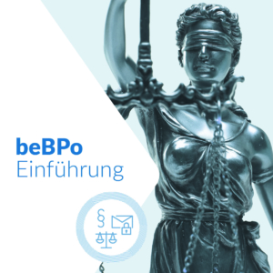 Cover page beBPo introduction with Justitia sculpture in background