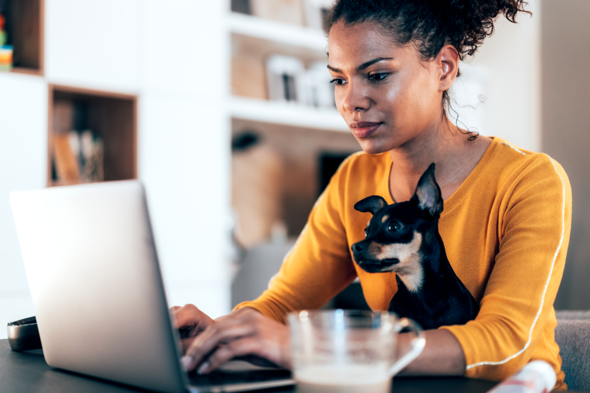 Frau mit Hund auf dem Schoß schreibt am Laptop